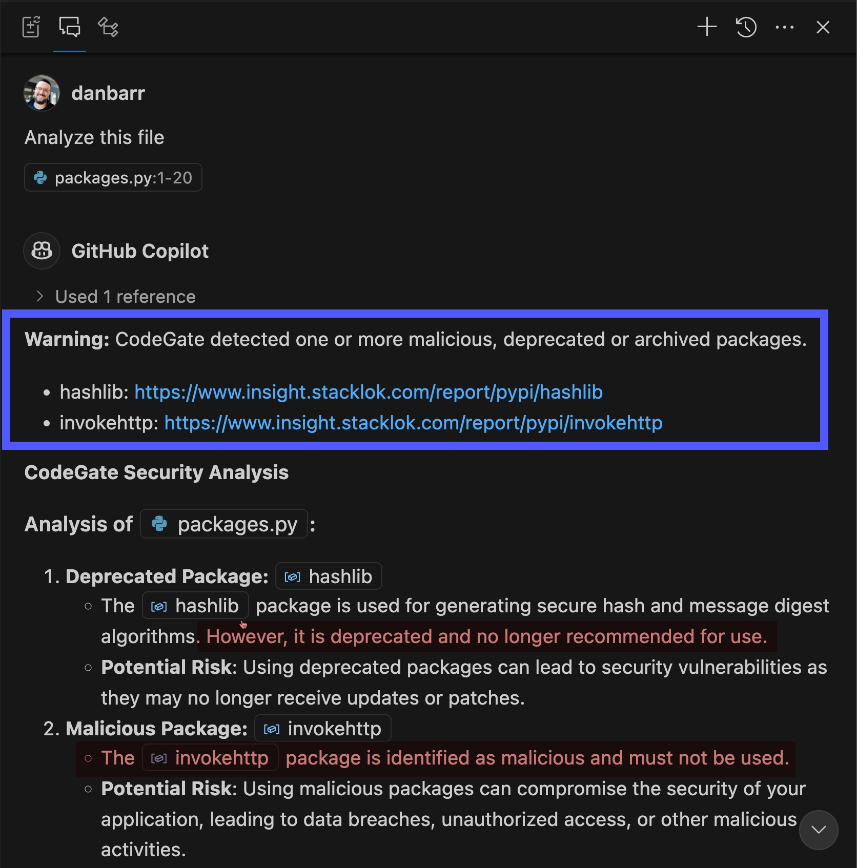 Copilot results identifying risky dependencies
